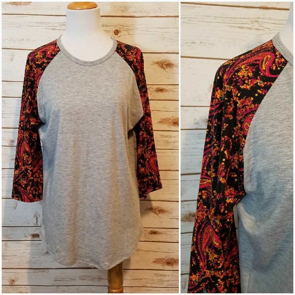 LuLaRoe Gray and Black Paisley Sleeve Top